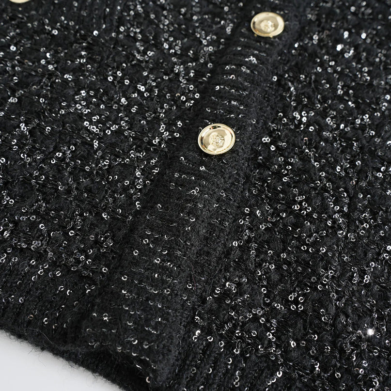 Van Hoef Black Sparkle Knit Cardigan with Gold-Tone Button Front and Adjustable Tie Waist