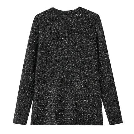 Van Hoef Black Sparkle Knit Cardigan with Gold-Tone Button Front and Adjustable Tie Waist