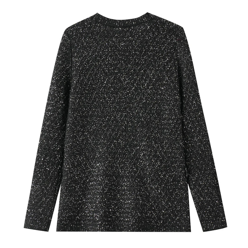 Van Hoef Black Sparkle Knit Cardigan with Gold-Tone Button Front and Adjustable Tie Waist
