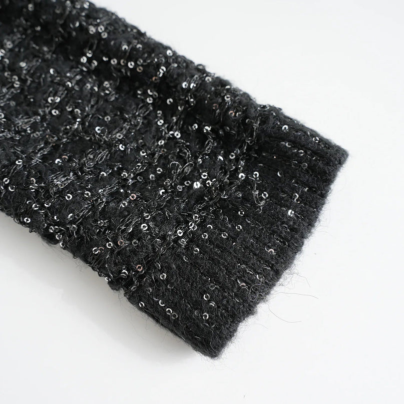 Van Hoef Black Sparkle Knit Cardigan with Gold-Tone Buttons and Adjustable Tie Waist