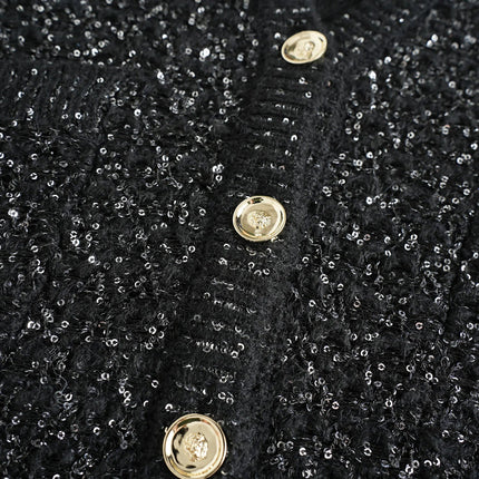 Van Hoef Black Sparkle Knit Cardigan with Gold-Tone Button Front and Adjustable Tie Waist
