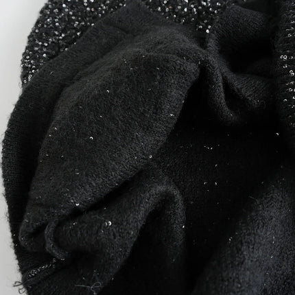 Van Hoef Black Sparkle Knit Cardigan with Gold-Tone Button Front and Adjustable Tie Waist