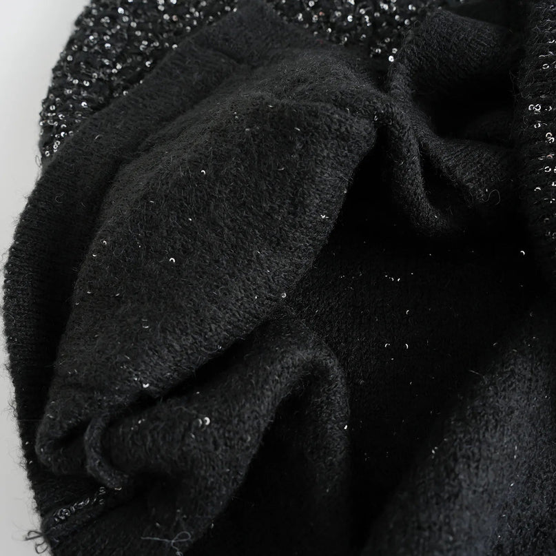 Van Hoef Black Sparkle Knit Cardigan with Gold-Tone Button Front and Adjustable Tie Waist