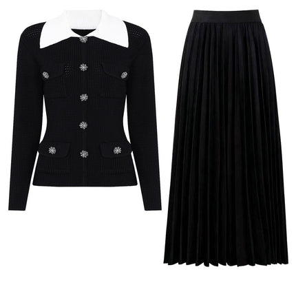 Van Hoef Black Two Piece Set Contrast Collar Cardigan Top Pleated Maxi Skirt