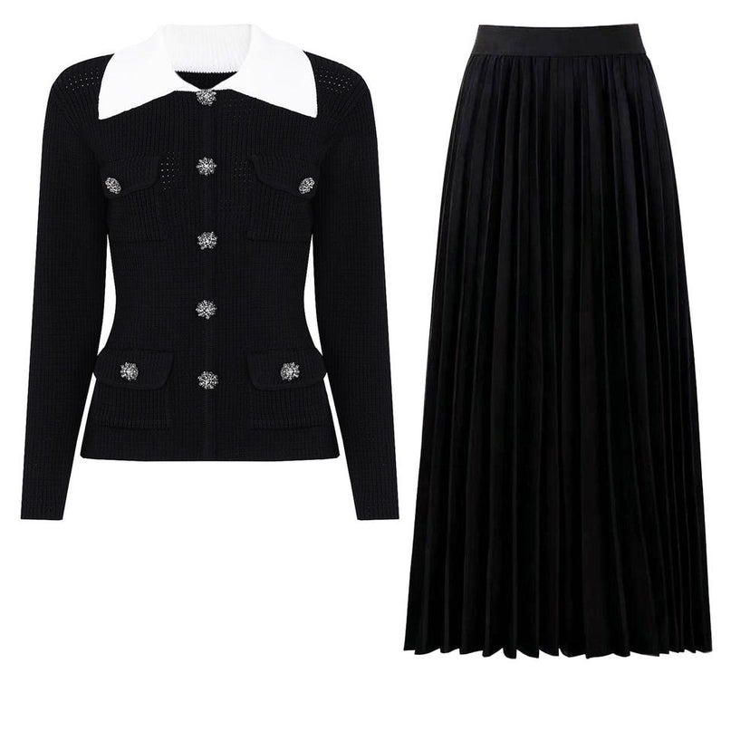 Van Hoef Black Two Piece Set Contrast Collar Cardigan Top Pleated Maxi Skirt