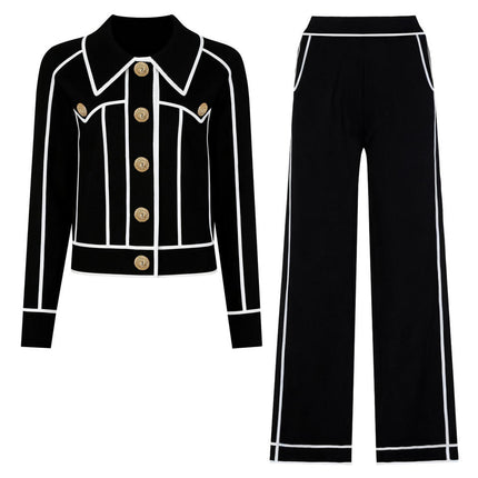 Van Hoef Black Two-Piece Set with White Trim Jacket and Wide-Leg Pants