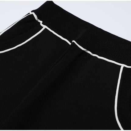 Van Hoef Black Two-Piece Set with White Trim Jacket and Wide-Leg Pants