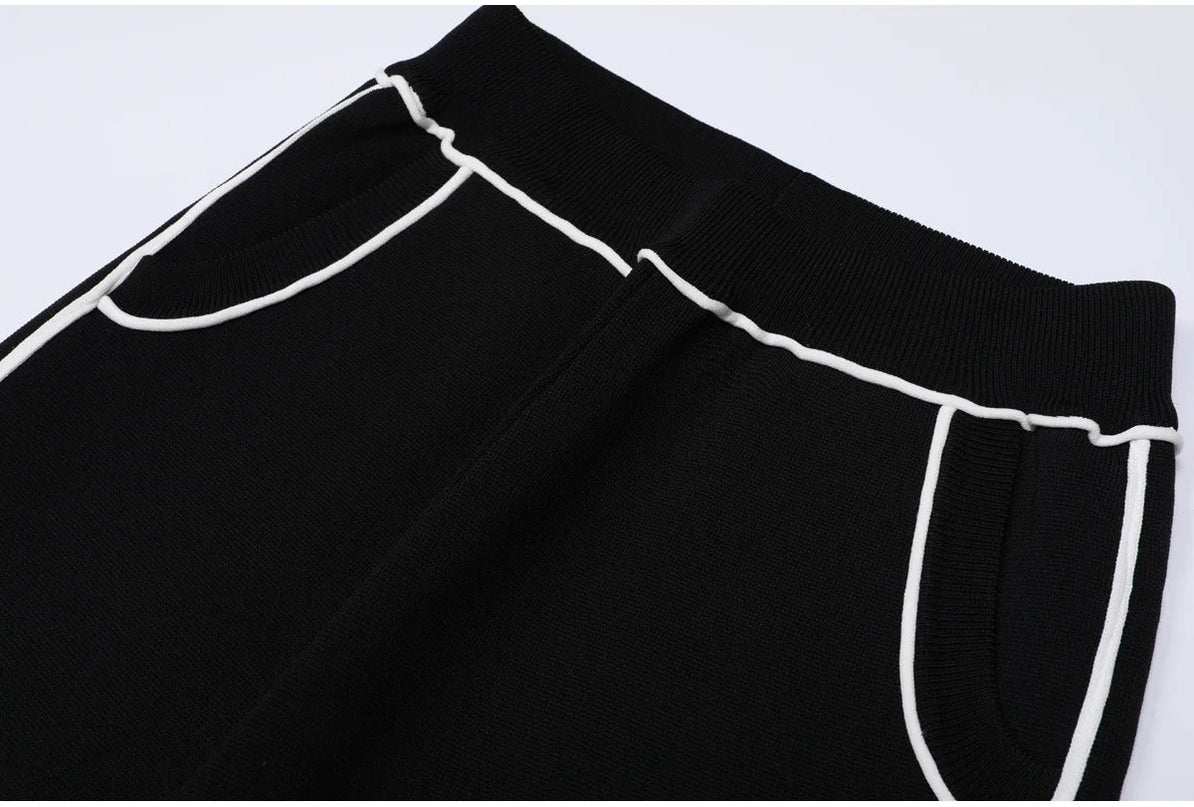 Van Hoef Black Two-Piece Set with White Trim Jacket and Wide-Leg Pants