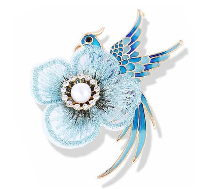 Van Hoef blue bird and flower brooch with rhinestones and pearls