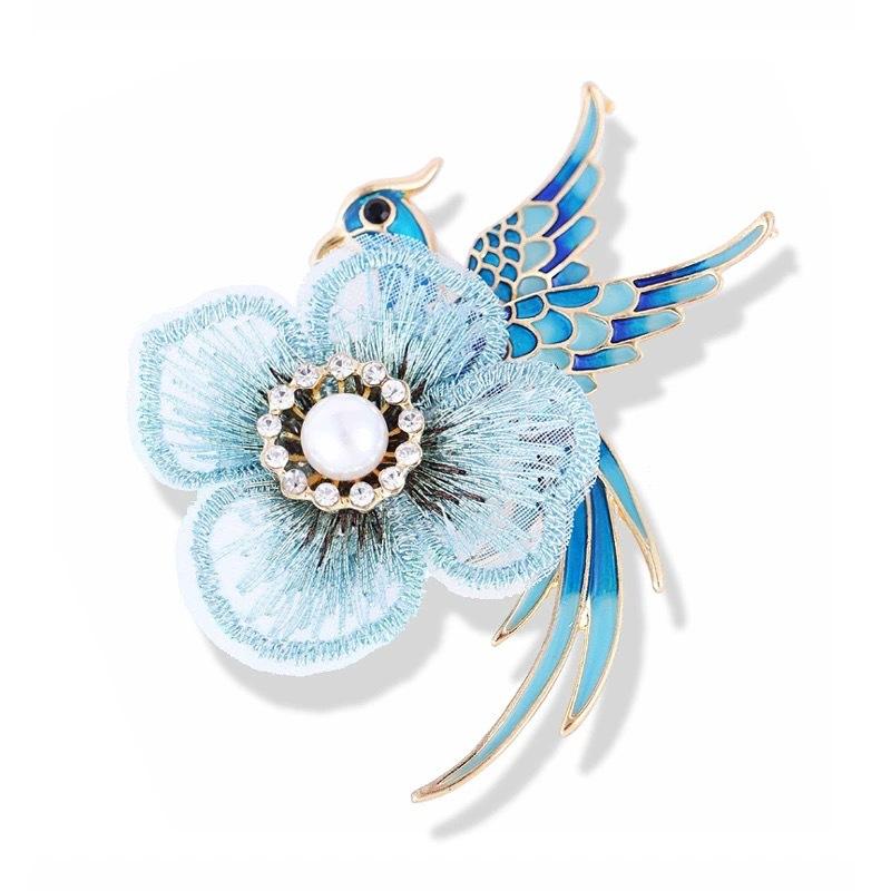 Van Hoef blue bird and flower brooch with rhinestones and pearls