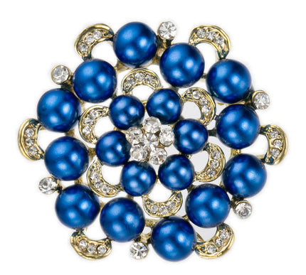 Van Hoef Blue Floral Brooch with Iridescent Beads and Rhinestones