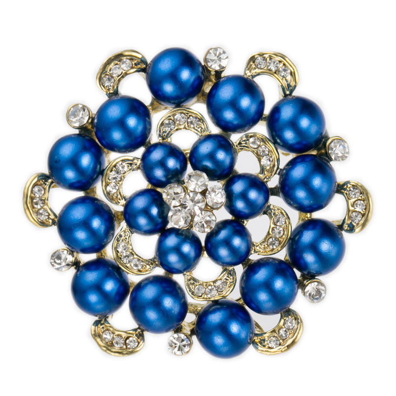 Van Hoef Blue Floral Brooch with Iridescent Beads and Rhinestones