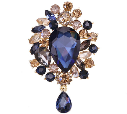 Van Hoef Blue Floral Rhinestone Brooch