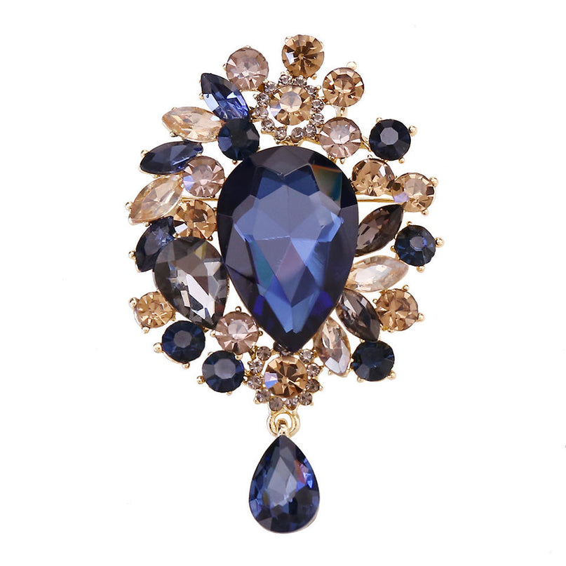 Van Hoef Blue Floral Rhinestone Brooch