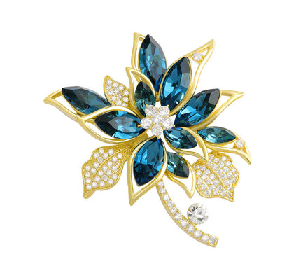 Van Hoef Blue Floral Rhinestone Crystal Brooch