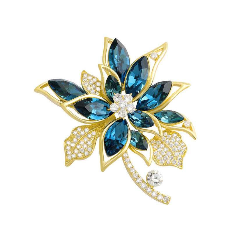 Van Hoef Blue Floral Rhinestone Crystal Brooch