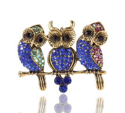 Van Hoef Blue Owl Trio Rhinestone Brooch