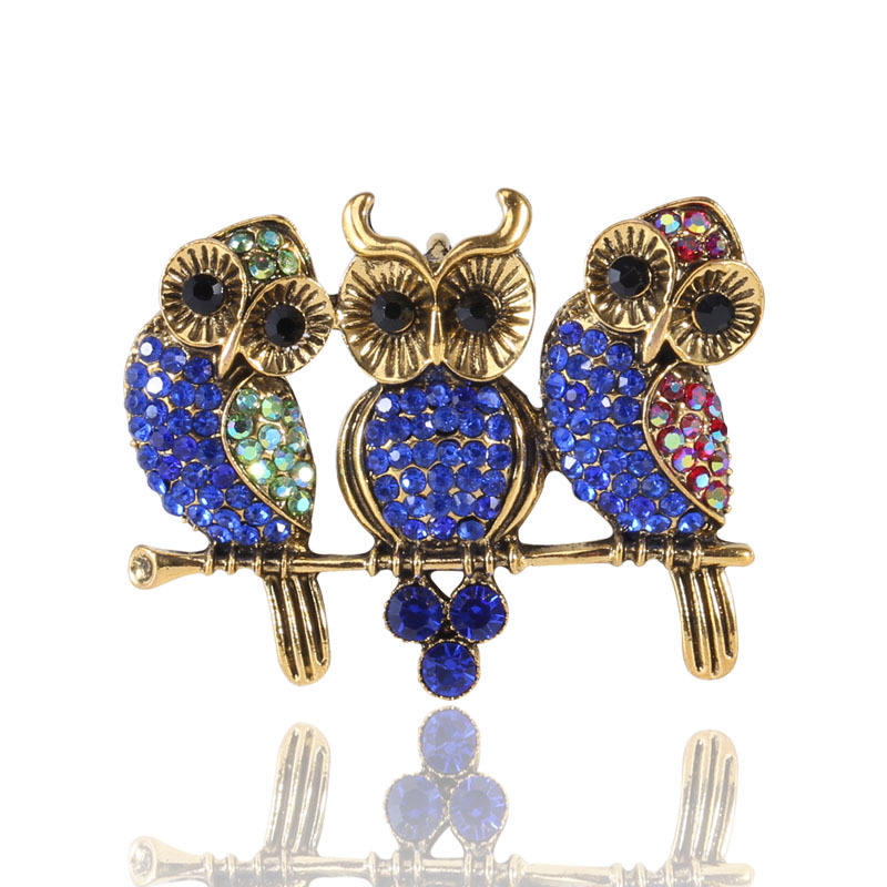 Van Hoef Blue Owl Trio Rhinestone Brooch