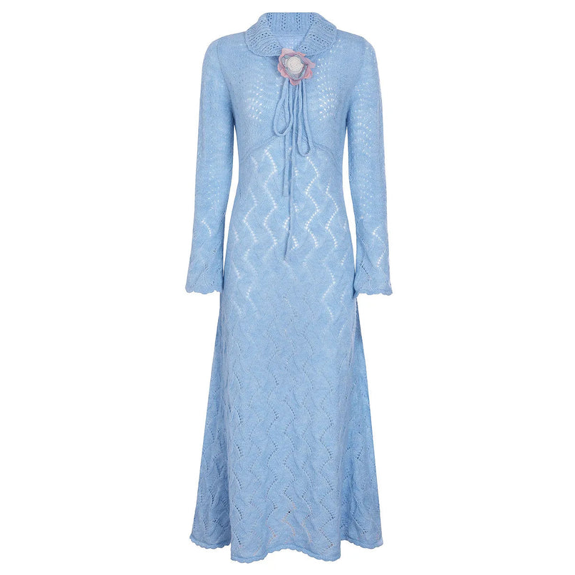 Van Hoef Blue Pointelle Knit Midi Dress with Scalloped Collar and Tie-Neck Detail