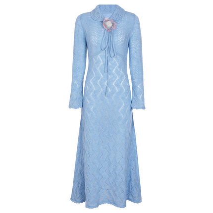 Van Hoef Blue Pointelle Knit Midi Dress with Scalloped Collar and Floral Accent