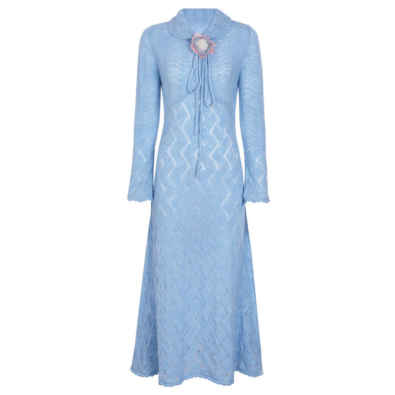 Van Hoef Blue Pointelle Knit Midi Dress with Scalloped Collar and Floral Accent