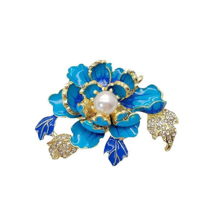 Van Hoef brooch Blue Flower Enamel Pearl Gold Leaf