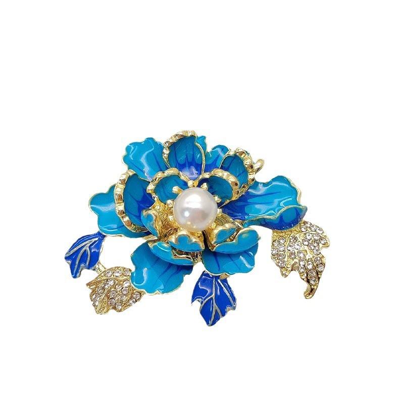 Van Hoef brooch Blue Flower Enamel Pearl Gold Leaf