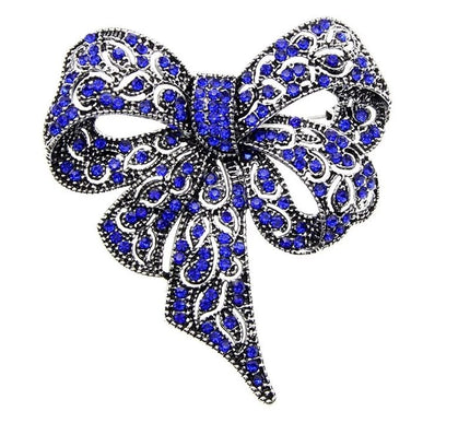 Van Hoef brooch Blue Rhinestone Bowknot Filigree Vintage Jewelry