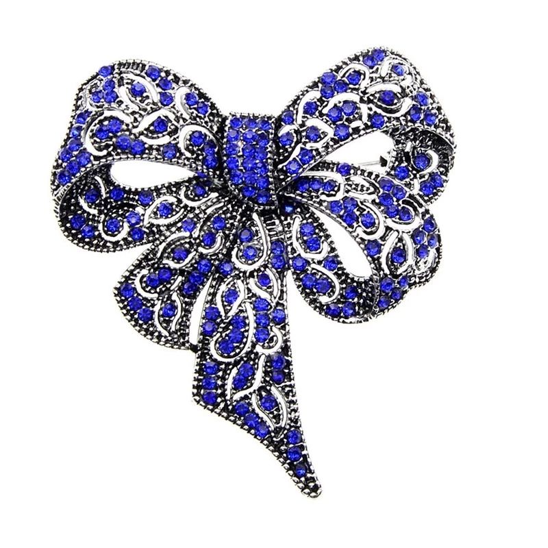 Van Hoef brooch Blue Rhinestone Bowknot Filigree Vintage Jewelry