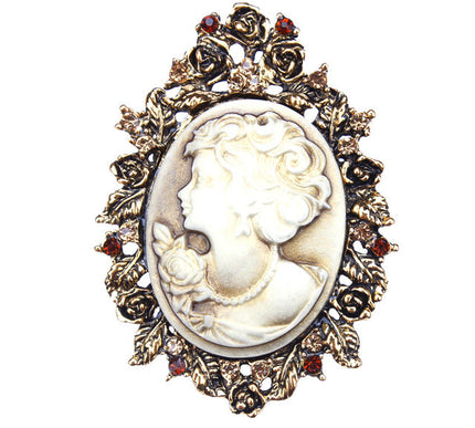 Van Hoef brooch Gold Cameo Woman Rhinestone Floral Vintage Elegance