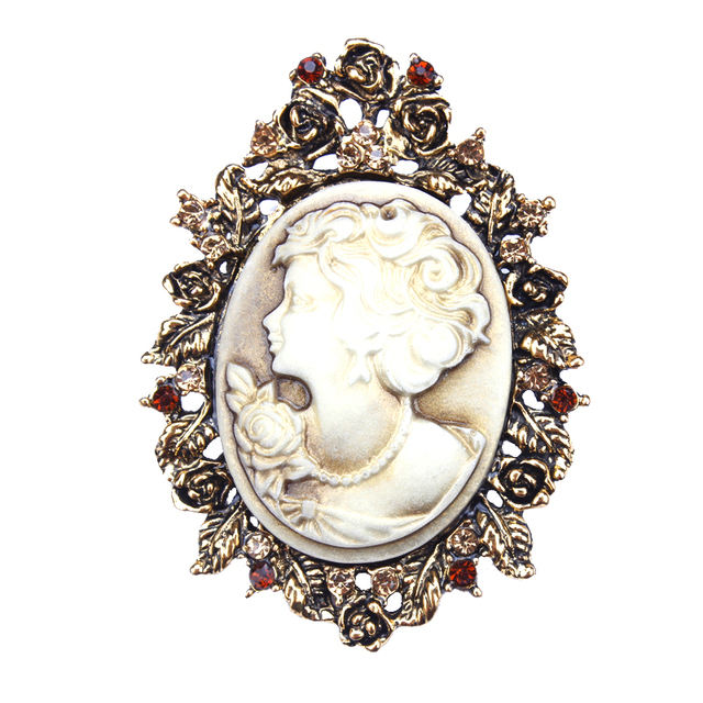 Van Hoef brooch Gold Cameo Woman Rhinestone Floral Vintage Elegance