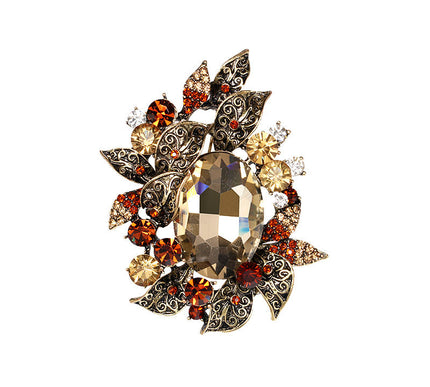 Van Hoef brooch Gold Coffee Crystal Rhinestone Leaf Motif Antique Gold Finish