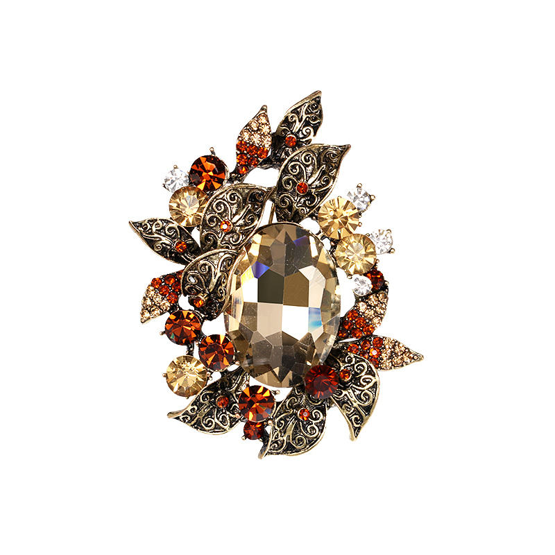 Van Hoef brooch Gold Coffee Crystal Rhinestone Leaf Motif Antique Gold Finish