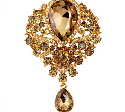 Van Hoef brooch Gold Crystal Water Drop Floral Stones Metalwork Clasp