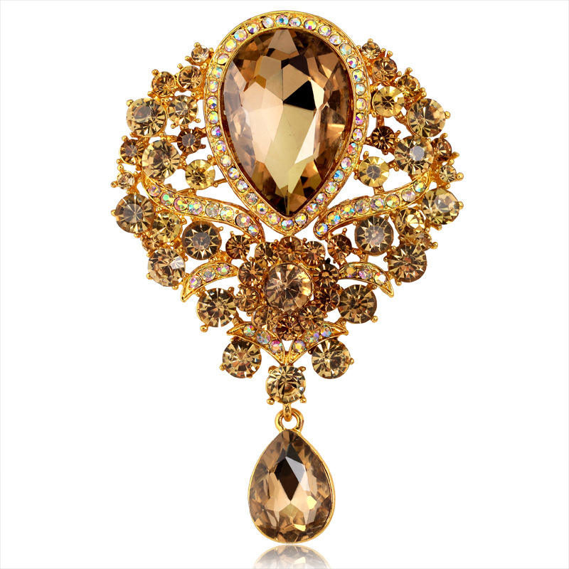 Van Hoef brooch Gold Crystal Water Drop Floral Stones Metalwork Clasp