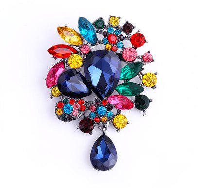 Van Hoef brooch Multi-colored Floral Design Teardrop Shape Blue Crystals Rhinestones Luxury Accessory