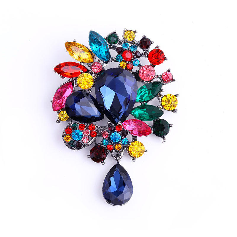 Van Hoef brooch Multi-colored Floral Design Teardrop Shape Blue Crystals Rhinestones Luxury Accessory