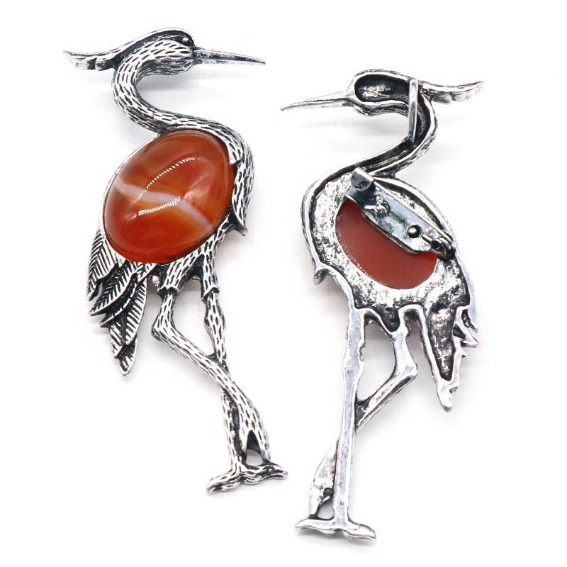 Van Hoef brooch Silver Bird Agate Gemstone Alloy Metal Accessory