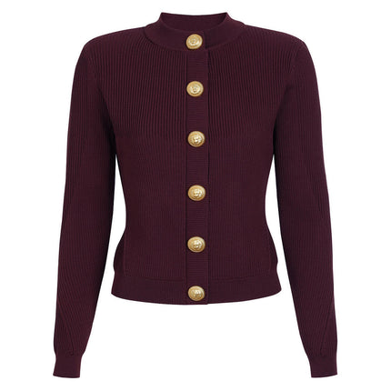 Van Hoef burgundy ribbed cardigan and halter mini dress set with gold-tone buttons