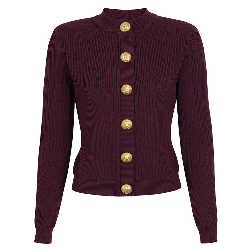 Van Hoef burgundy ribbed cardigan and halter mini dress set with gold-tone buttons