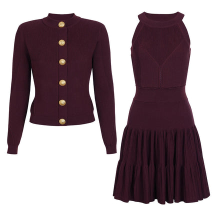 Van Hoef burgundy two-piece knit set with ribbed cardigan and halter mini dress