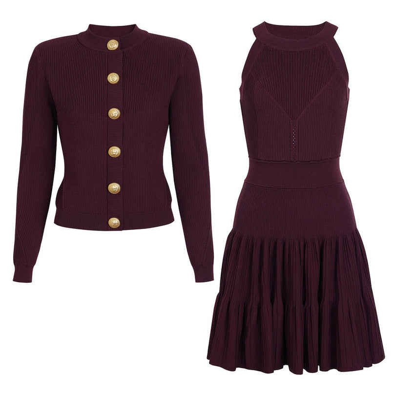 Van Hoef burgundy two-piece knit set with ribbed cardigan and halter mini dress