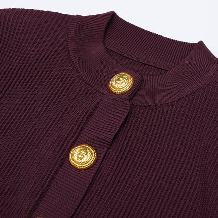 Van Hoef burgundy two-piece knit set ribbed cardigan halter mini dress gold-tone buttons structured bodice pleated skirt