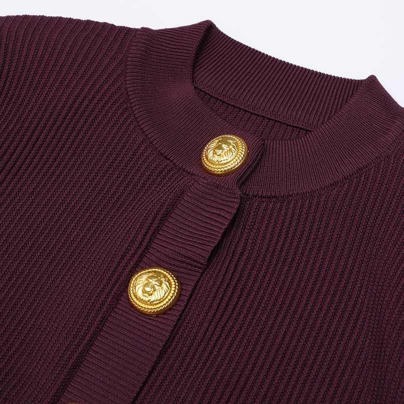 Van Hoef burgundy two-piece knit set ribbed cardigan halter mini dress gold-tone buttons structured bodice pleated skirt