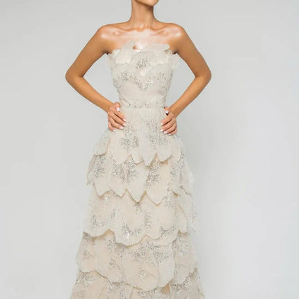 Van Hoef Cream Floral Appliqué Tiered Gown