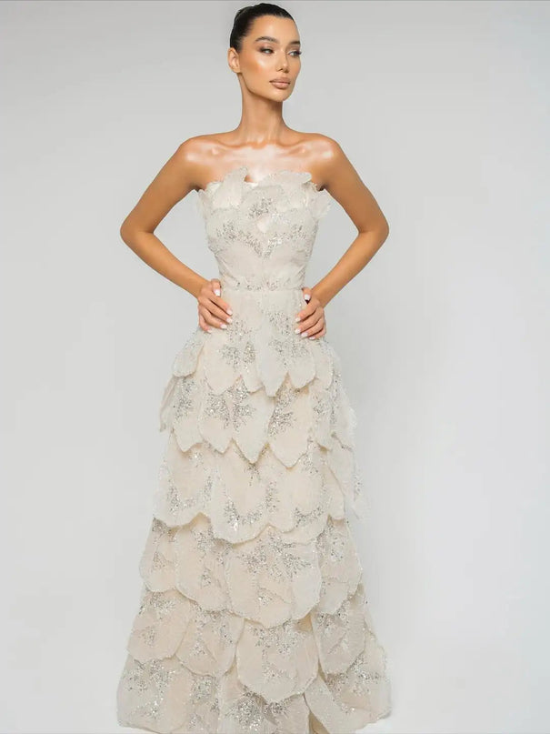 Van Hoef Cream Floral Appliqué Tiered Gown