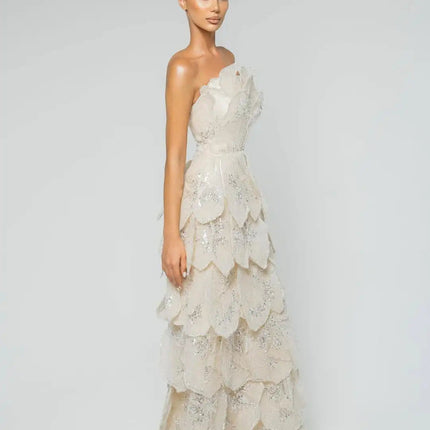 Van Hoef Cream Tiered Floral Applique Dress