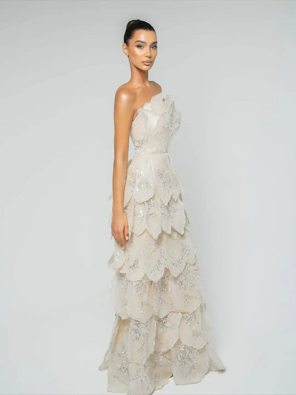 Van Hoef Cream Tiered Floral Applique Dress
