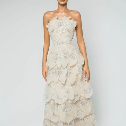 Van Hoef Cream Tiered Floral Appliqué Paillette Gown