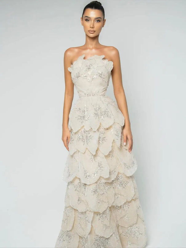 Van Hoef Cream Tiered Floral Appliqué Paillette Gown
